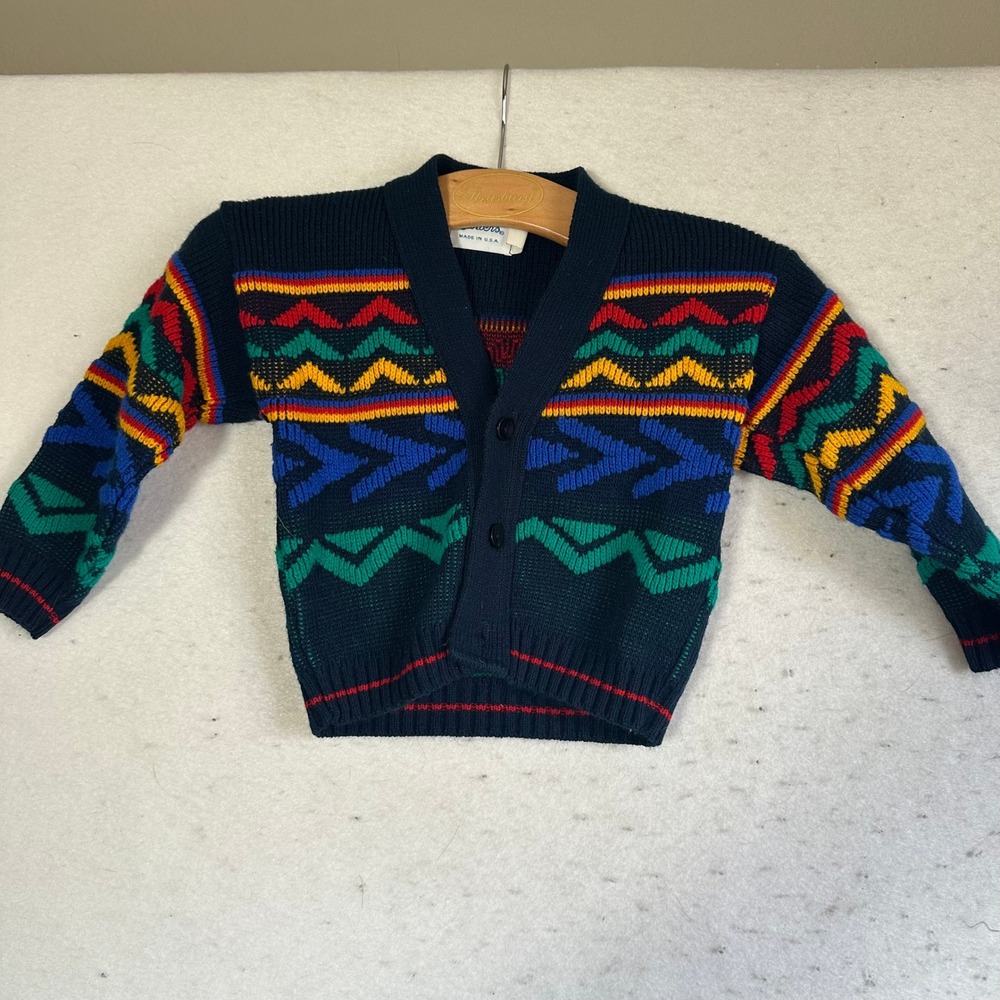 Vintage Carters Toddler Navy Blue Geometric Fair Isle Cardigan Sweater 2T USA